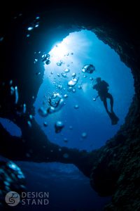 Underwater caves and diver